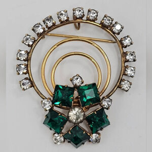 Vintage Signed P&F 1/20 12k Gold Filled Green & White Rhinestone Brooch Pendant
